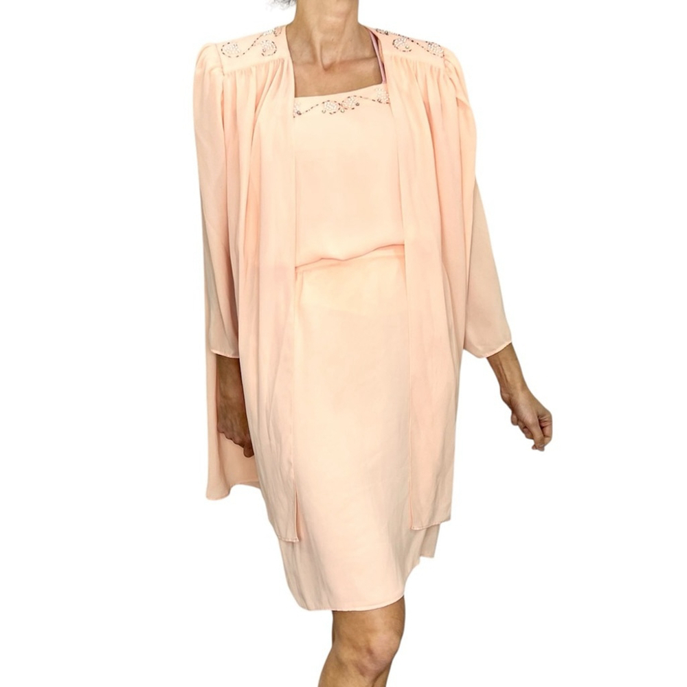 Vintage 80s union made beaded peach chiffon open jacket cami skirt set suit 16